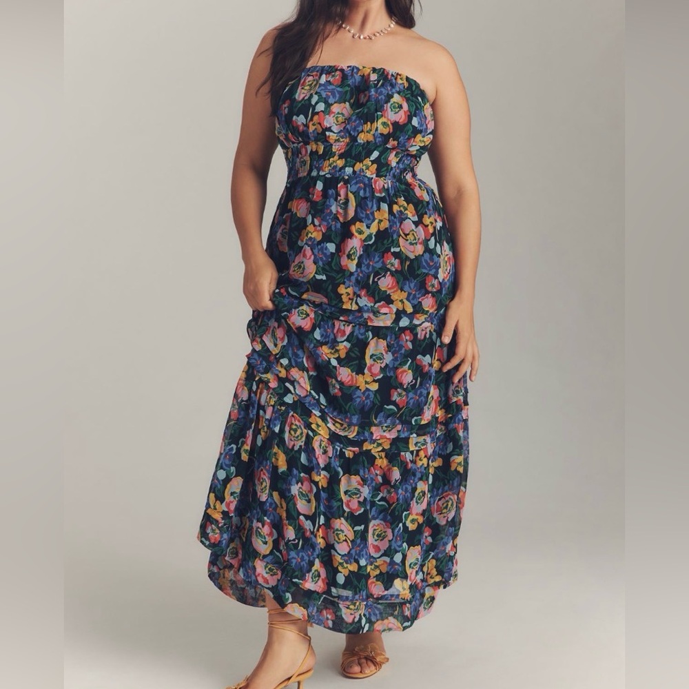 Somerset Strapless Maxi Dress Anthro Pockets Stretch Waist Cerulean Blue Floral
